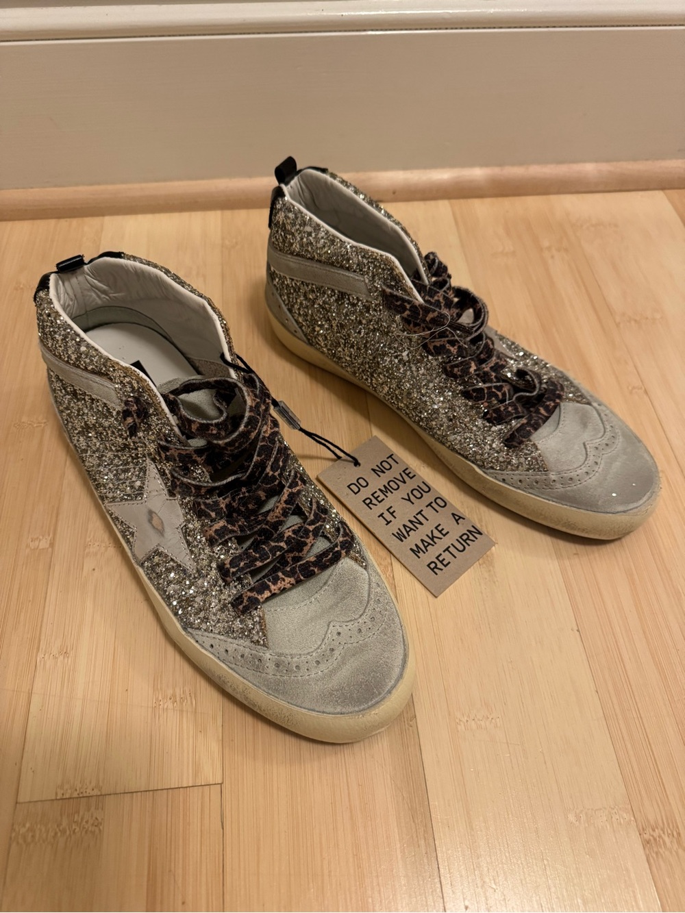 Golden Goose Mid Star Silver Glitter & Gray High-Top Sneakers with Leopard Laces